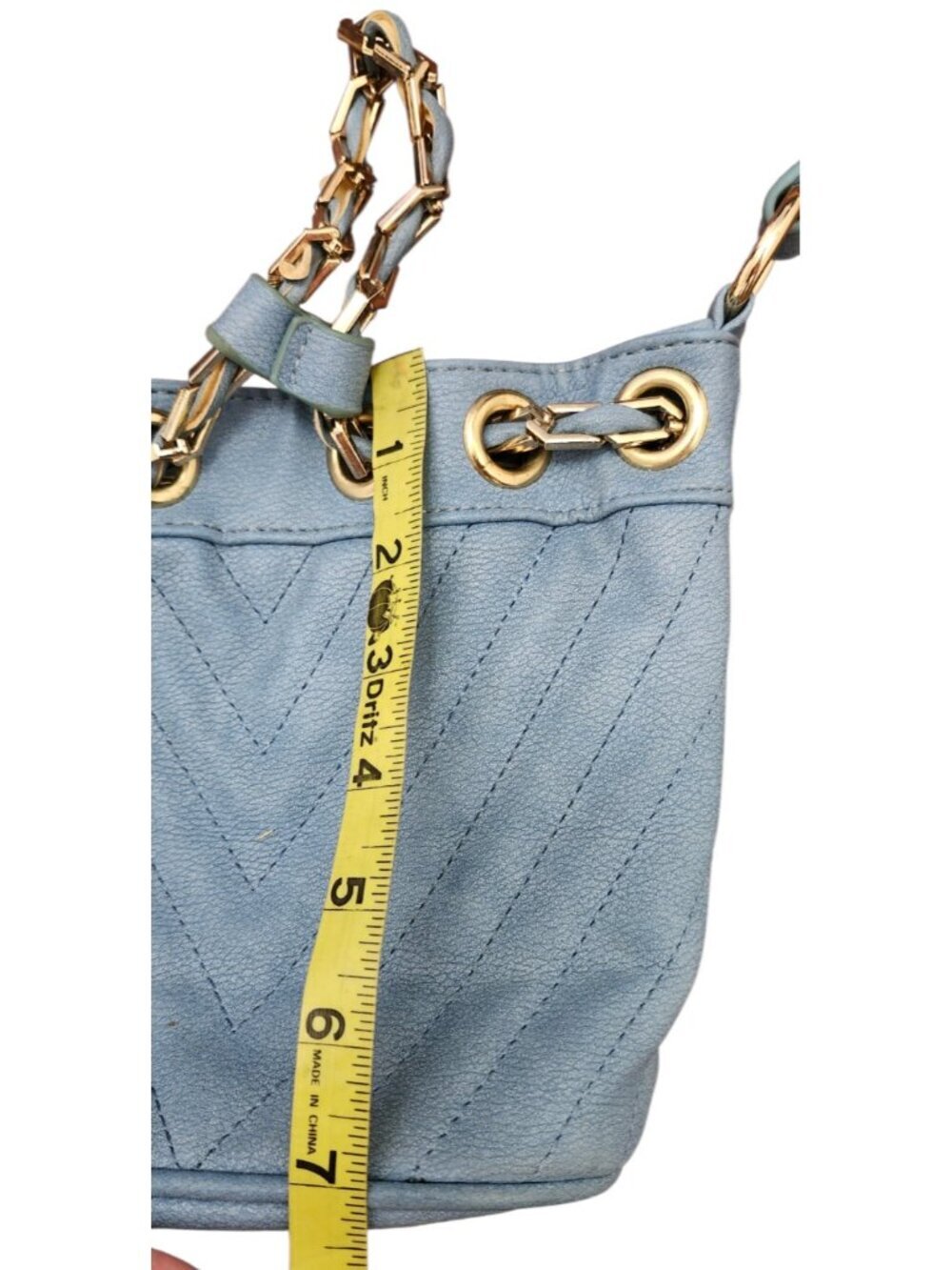 Free People Blue Faux Leather Mini Bucket Bag Gold Chain Drawstring Crossbody - Picture 12 of 14